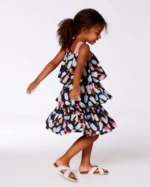 deux par deux Girls Printed Tiered Dress - Ice Lollipops And Black