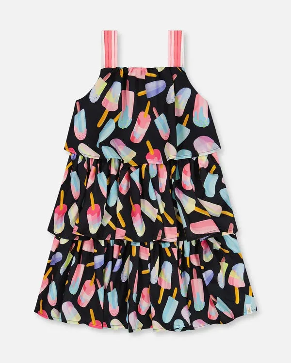 deux par deux Girls Printed Tiered Dress - Ice Lollipops And Black