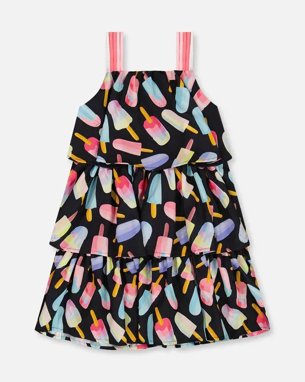 deux par deux Girls Printed Tiered Dress - Ice Lollipops And Black