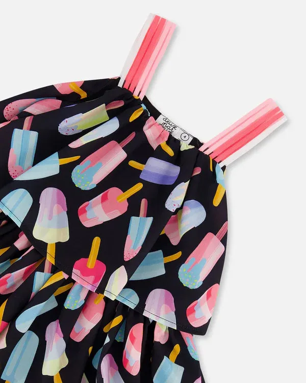deux par deux Girls Printed Tiered Dress - Ice Lollipops And Black