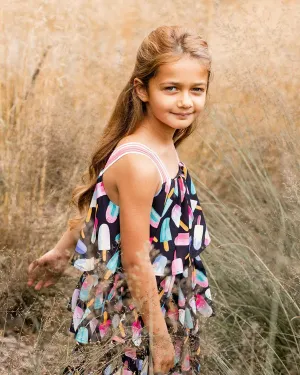 deux par deux Girls Printed Tiered Dress - Ice Lollipops And Black