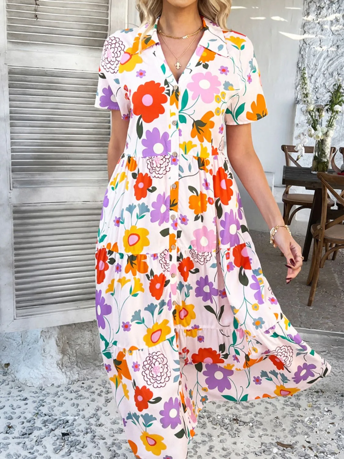 Devine Printed Johnny Collar Button Down Short Sleeve Midi Dress (4 Color Styles)