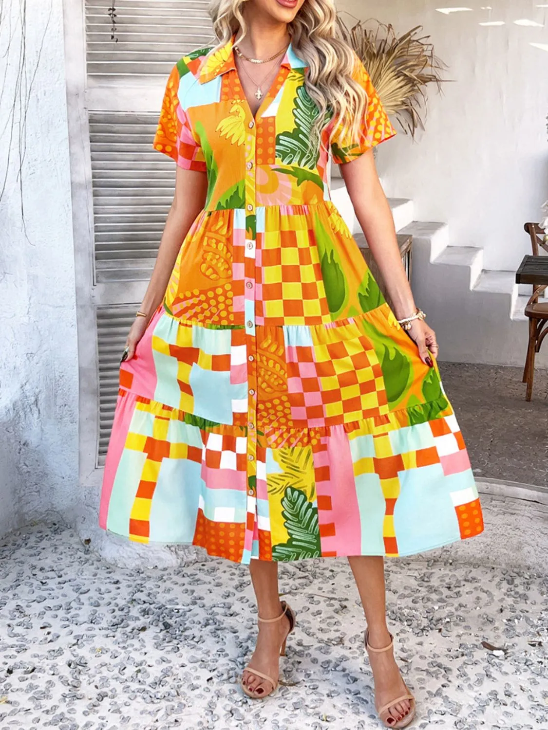 Devine Printed Johnny Collar Button Down Short Sleeve Midi Dress (4 Color Styles)