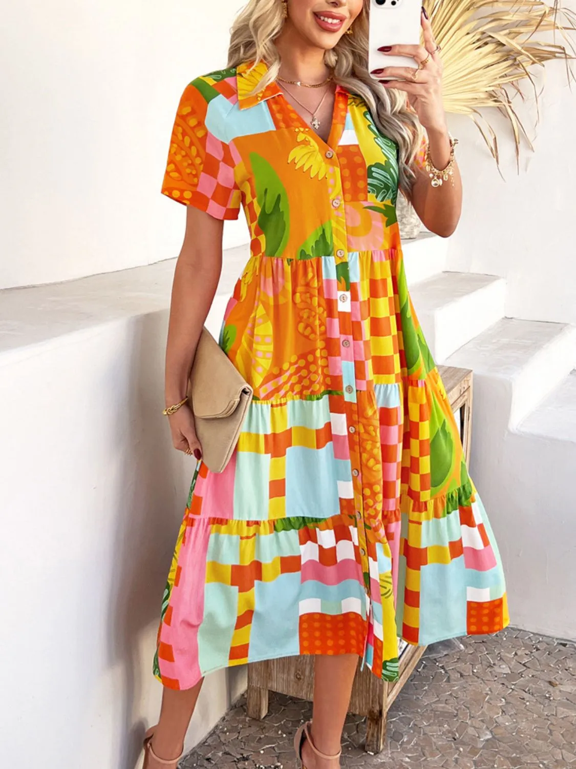 Devine Printed Johnny Collar Button Down Short Sleeve Midi Dress (4 Color Styles)