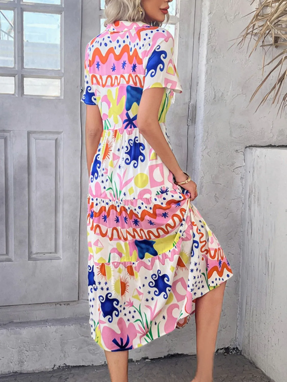 Devine Printed Johnny Collar Button Down Short Sleeve Midi Dress (4 Color Styles)