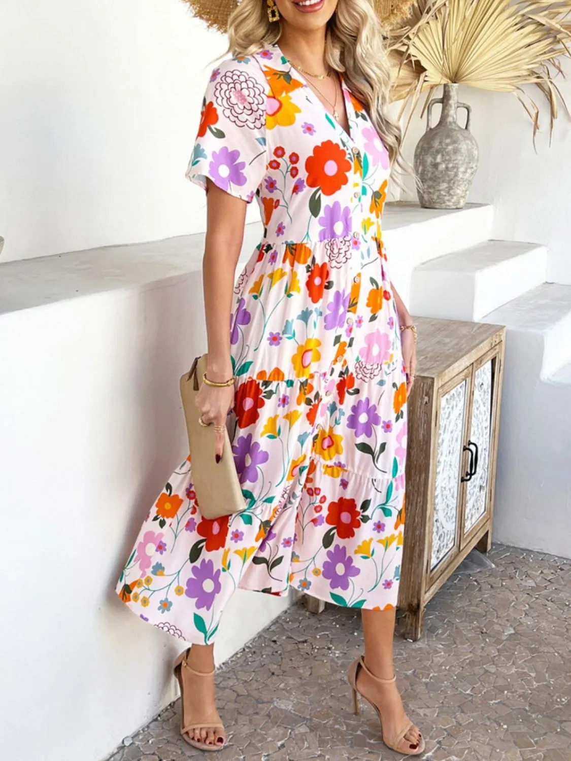 Devine Printed Johnny Collar Button Down Short Sleeve Midi Dress (4 Color Styles)