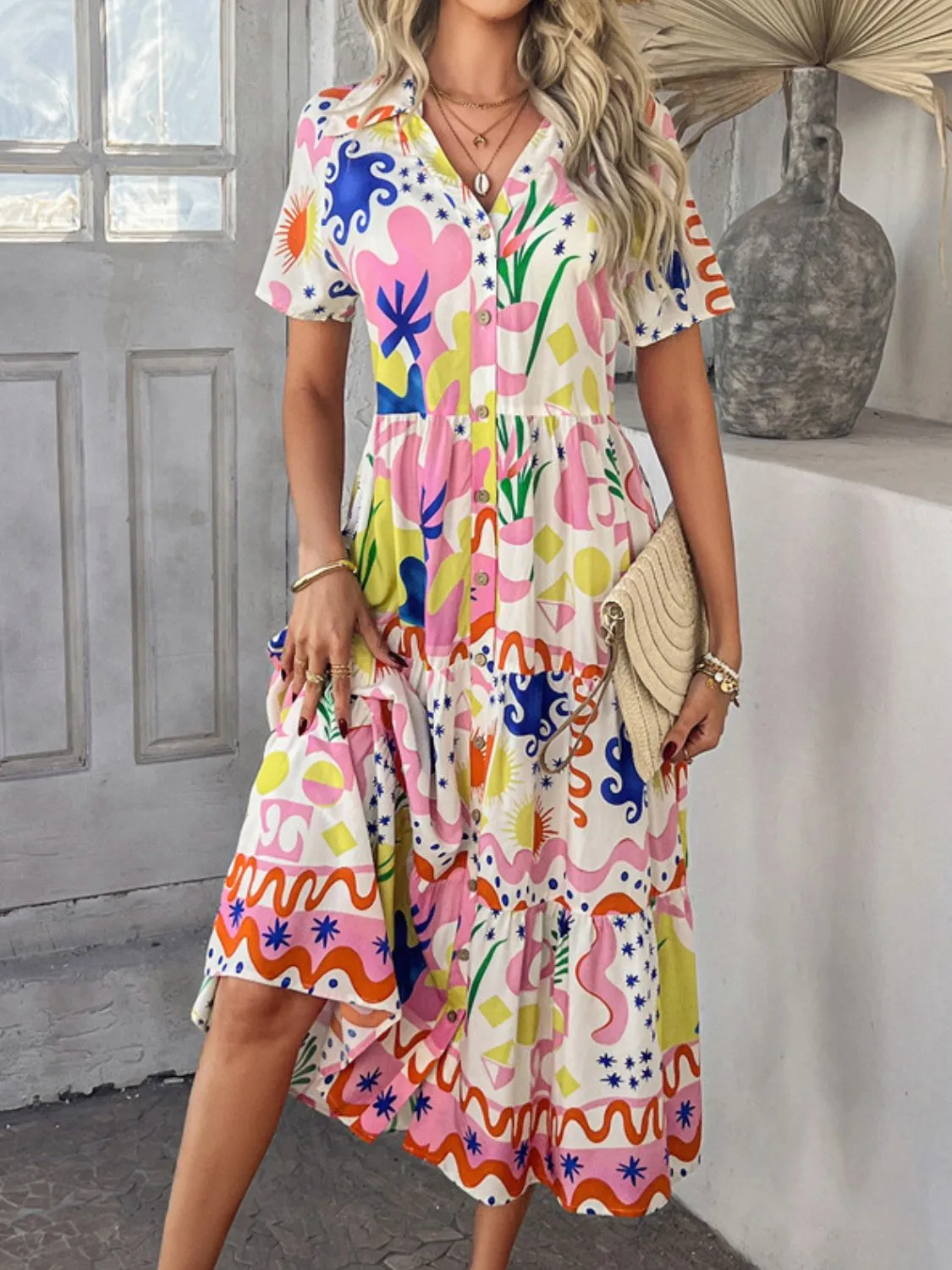 Devine Printed Johnny Collar Button Down Short Sleeve Midi Dress (4 Color Styles)