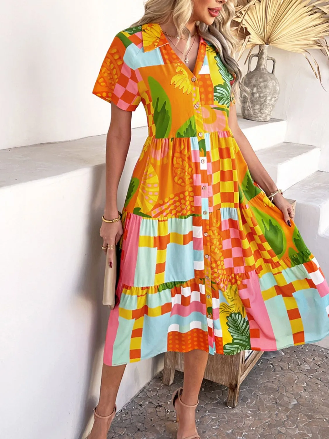 Devine Printed Johnny Collar Button Down Short Sleeve Midi Dress (4 Color Styles)