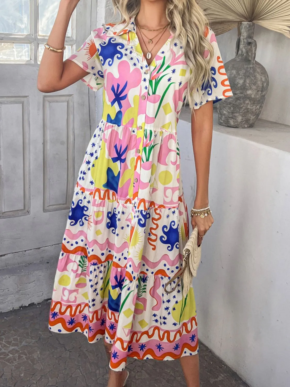 Devine Printed Johnny Collar Button Down Short Sleeve Midi Dress (4 Color Styles)