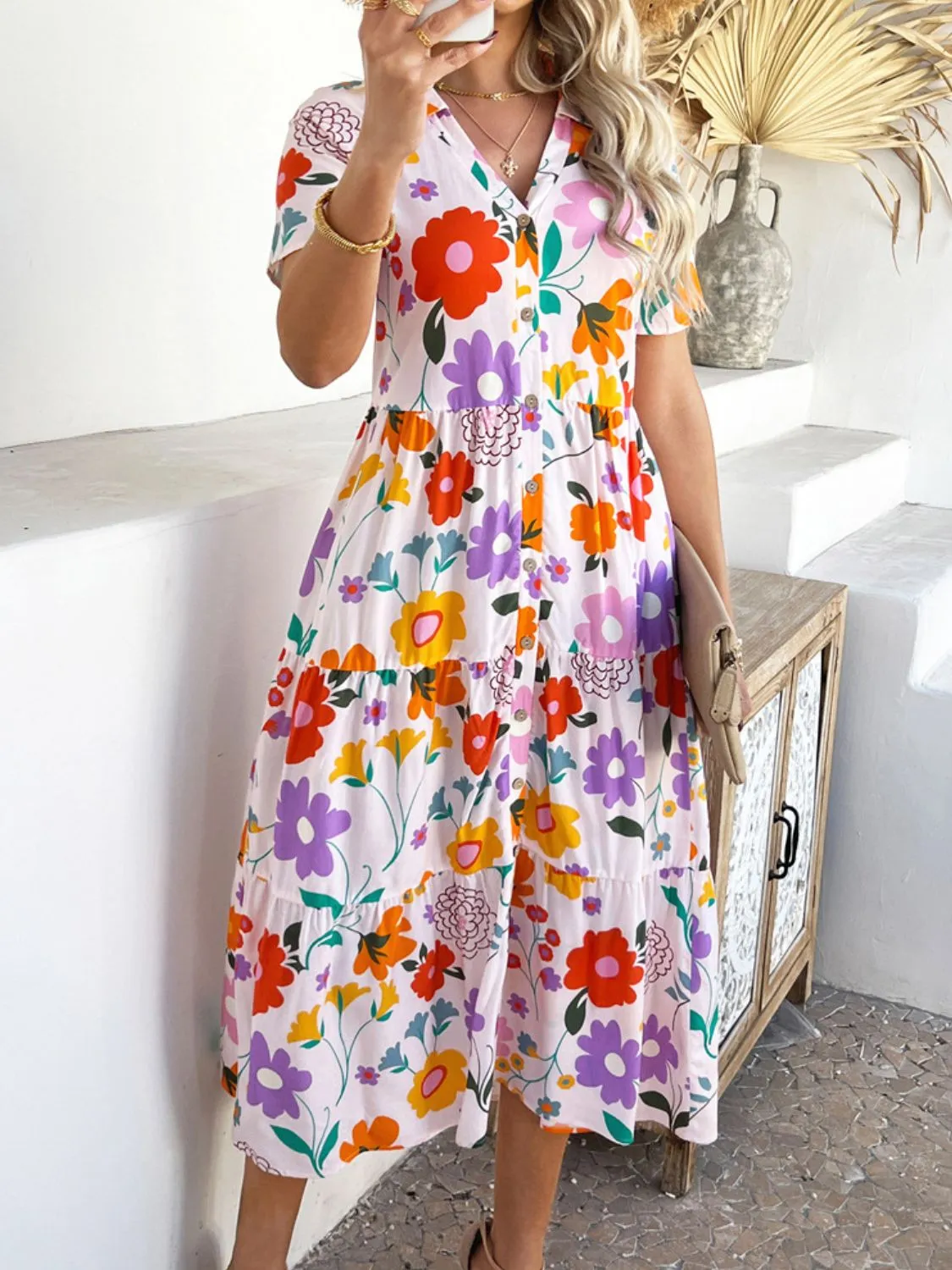 Devine Printed Johnny Collar Button Down Short Sleeve Midi Dress (4 Color Styles)