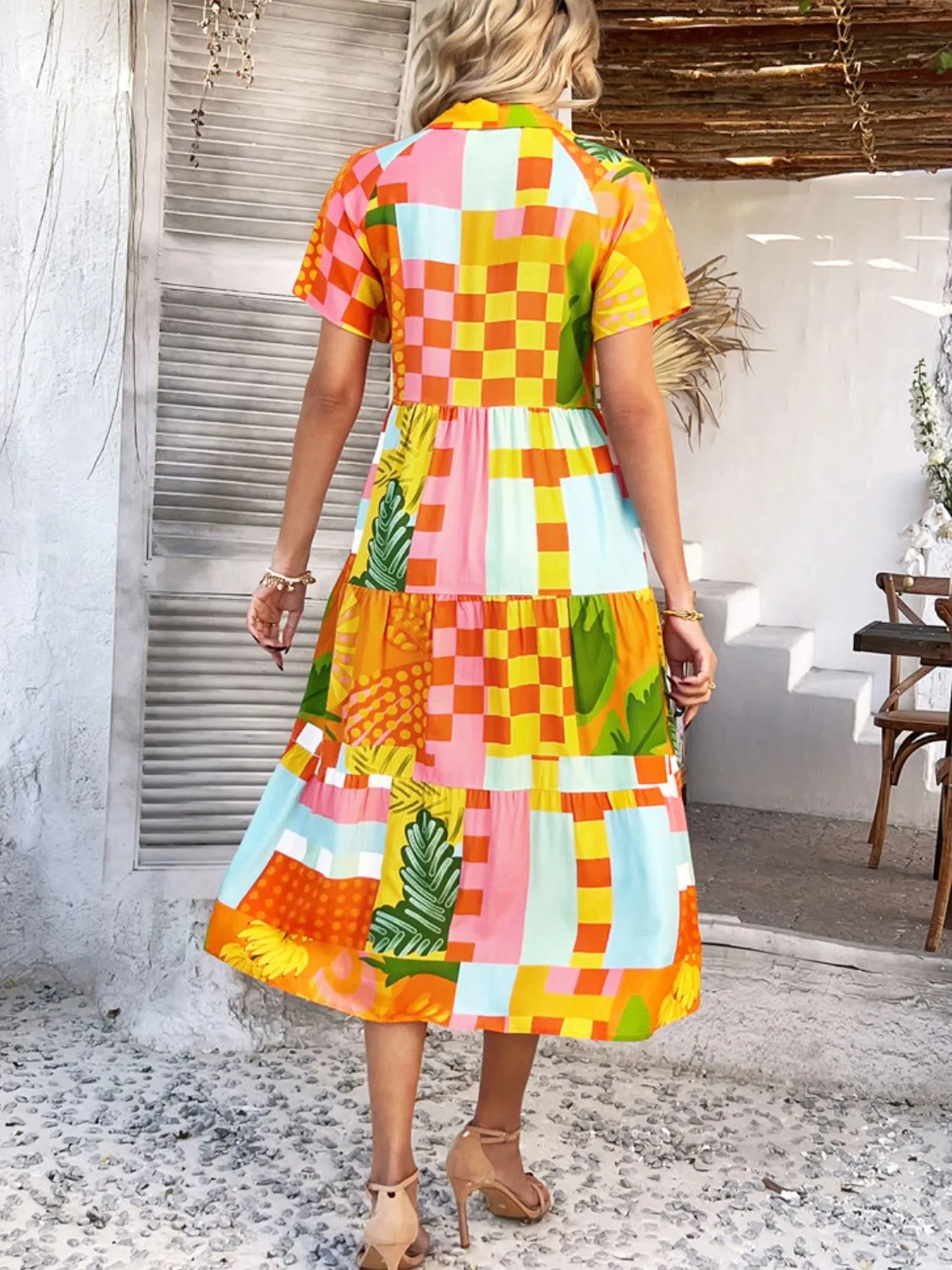 Devine Printed Johnny Collar Button Down Short Sleeve Midi Dress (4 Color Styles)