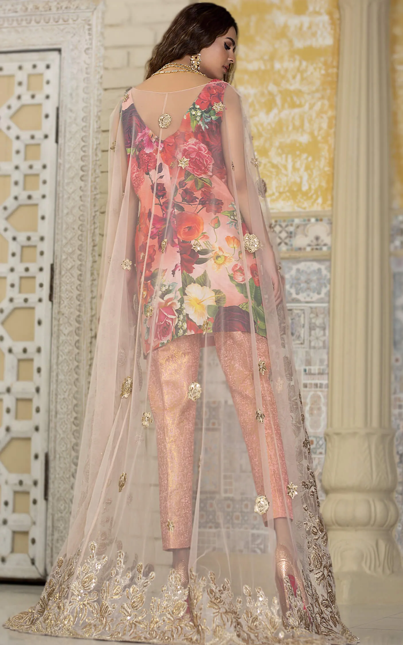 Digital Floral Print Dress with Cap Net Dupatta #Y6179