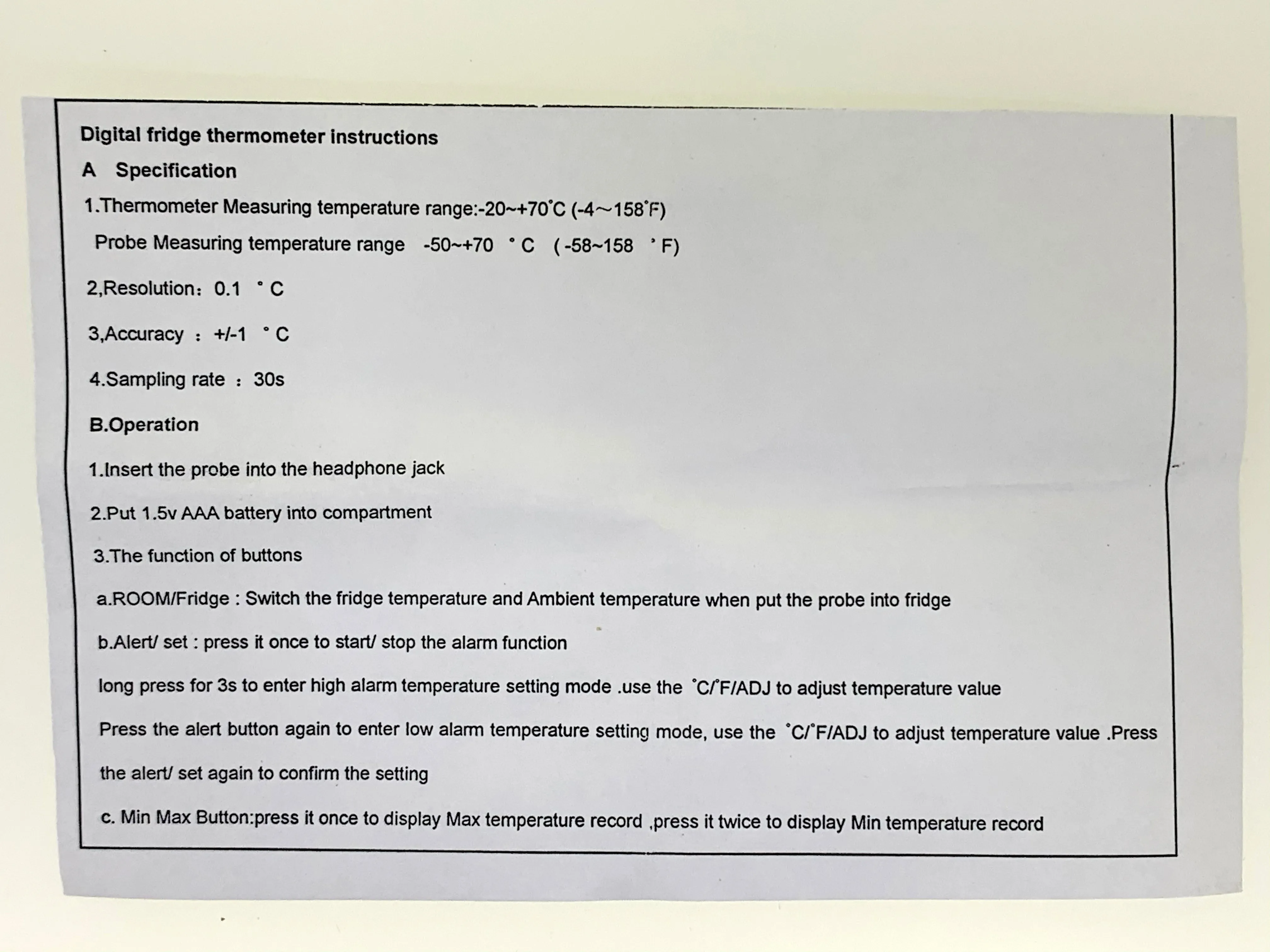 Digital Fridge / Freezer Thermometer w/ Alarm