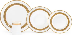 Dinnerware Set for 1 - White with Gold Rope Vintage Design - Porcelain Dish Set Tableware Setting with Mug for Every Day Use or Formal Occasions (Rope 2004, 4 PIECE SET)