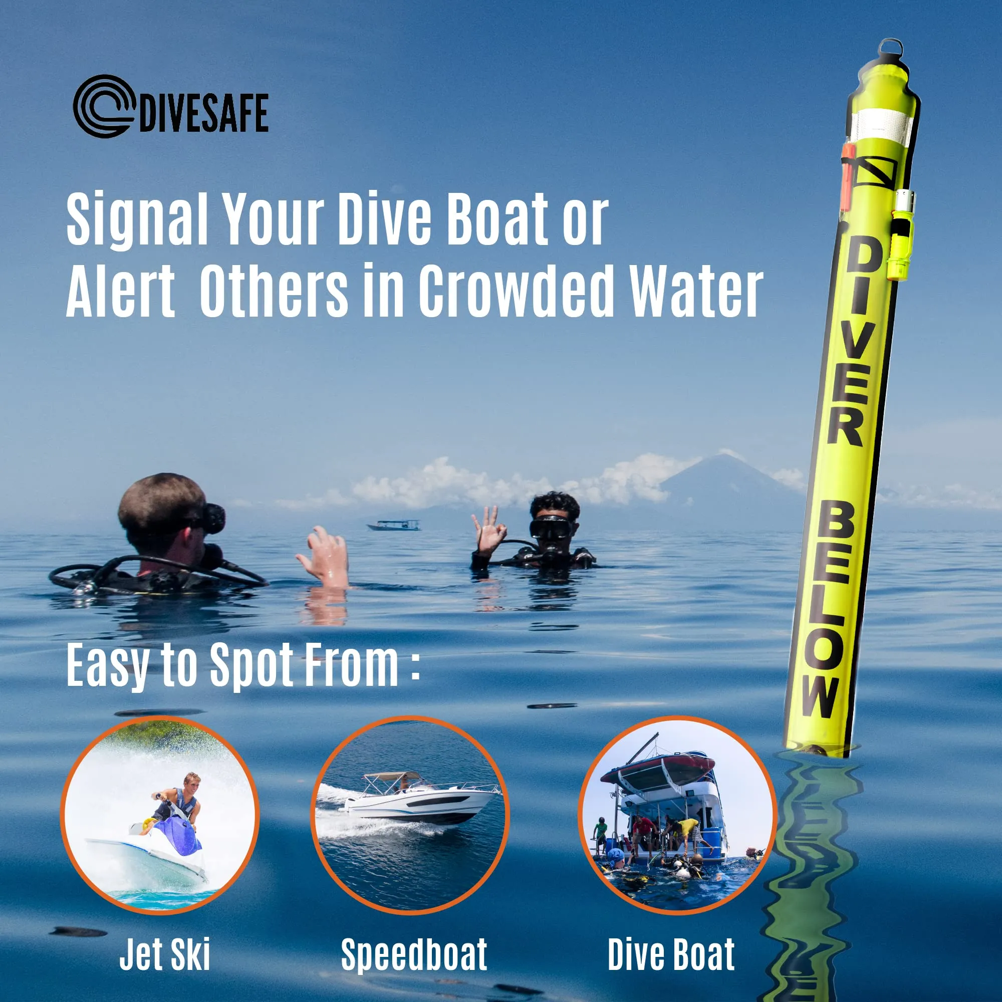 DiveSafe Delayed Surface Marker Buoy - 6ft Open Bottom with Over Pressure Valve, High Visibility Reflective Band, Strobe Light or Flashlight Holder, 100ft ABS Finger Reel and Whistle