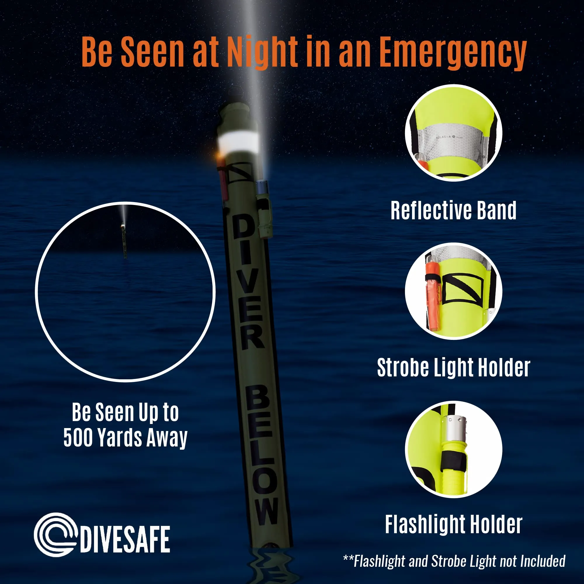 DiveSafe Delayed Surface Marker Buoy - 6ft Open Bottom with Over Pressure Valve, High Visibility Reflective Band, Strobe Light or Flashlight Holder, 100ft ABS Finger Reel and Whistle