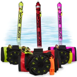 DiveSafe Delayed Surface Marker Buoy - 6ft Open Bottom with Over Pressure Valve, High Visibility Reflective Band, Strobe Light or Flashlight Holder, 100ft ABS Finger Reel and Whistle