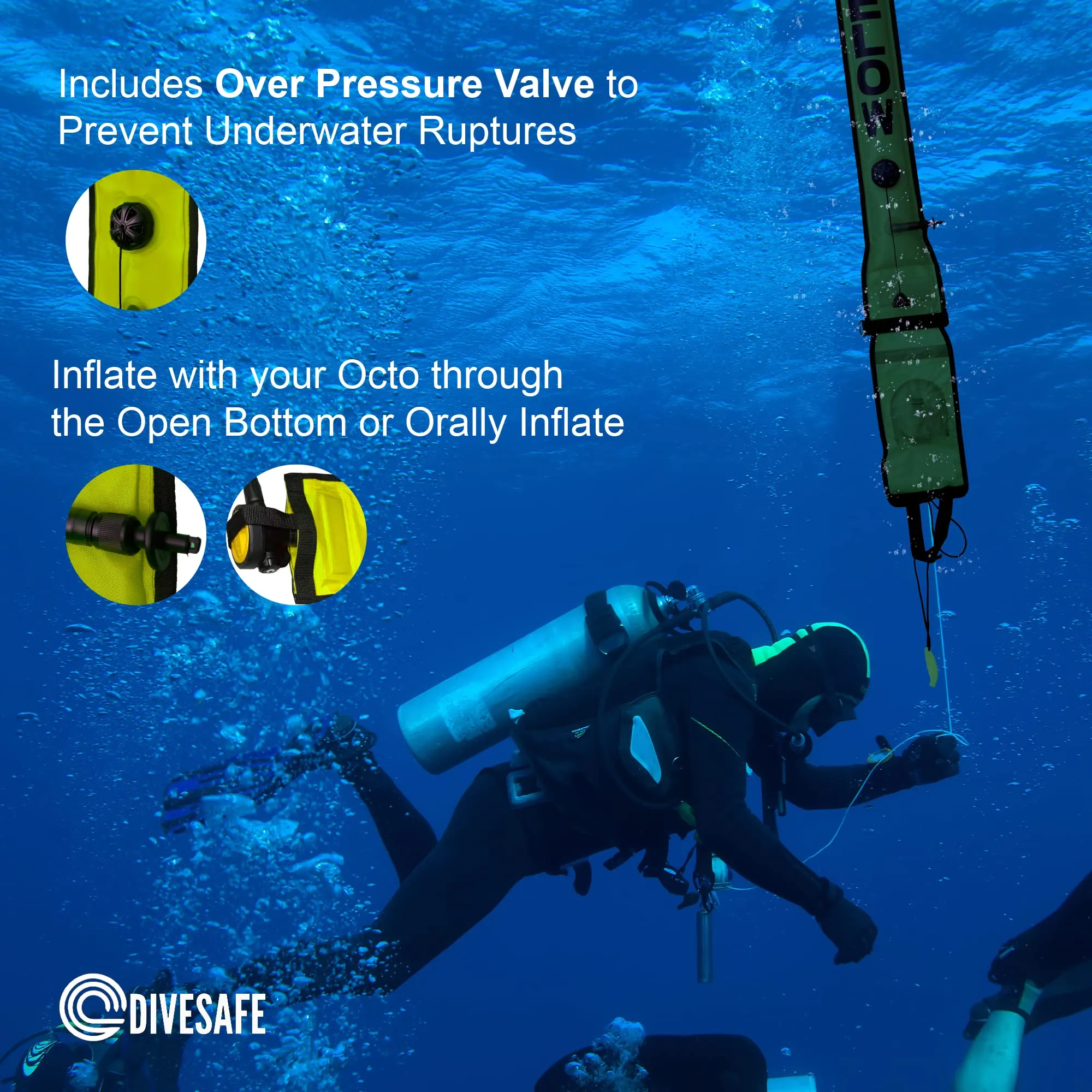 DiveSafe Delayed Surface Marker Buoy - 6ft Open Bottom with Over Pressure Valve, High Visibility Reflective Band, Strobe Light or Flashlight Holder, 100ft ABS Finger Reel and Whistle