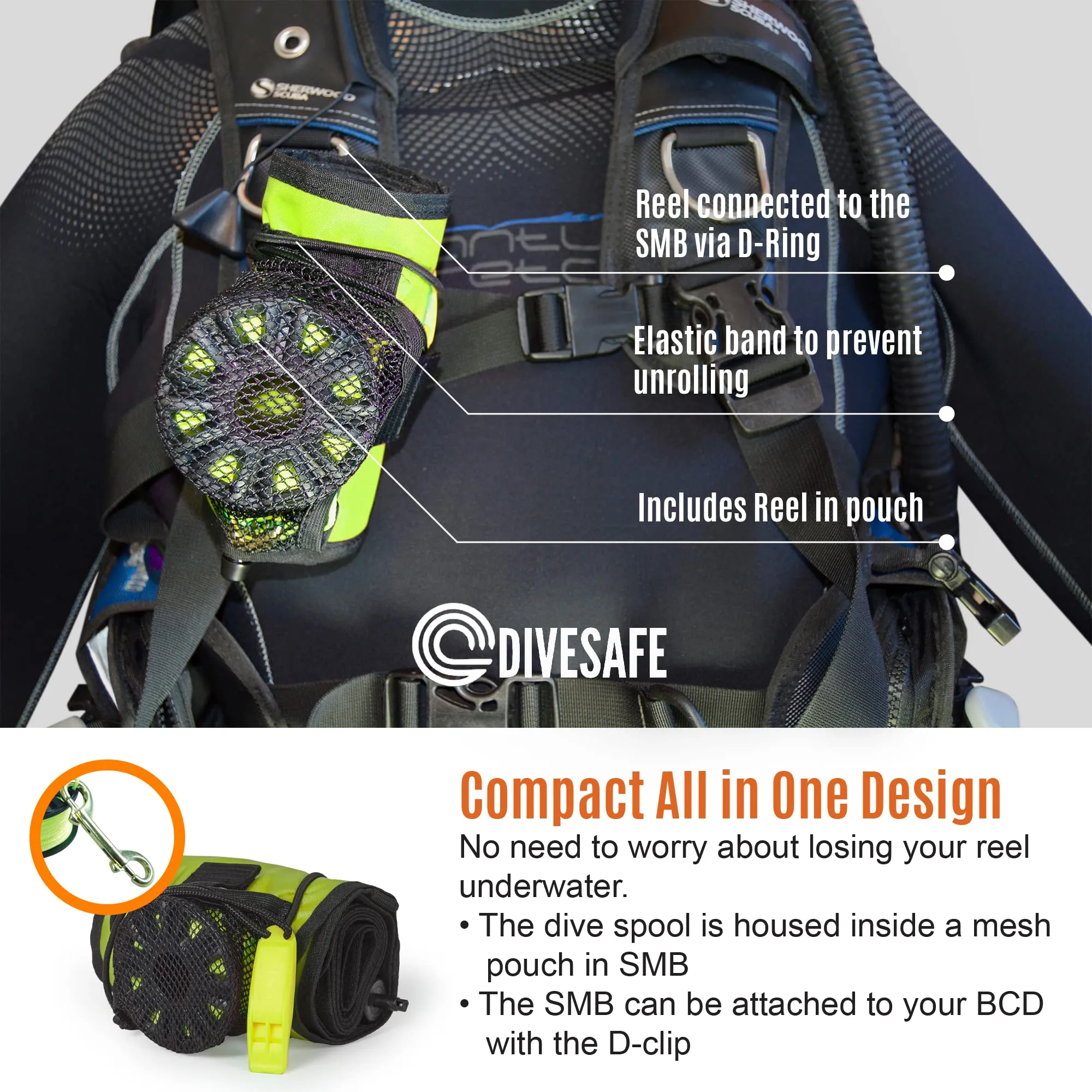 DiveSafe Delayed Surface Marker Buoy - 6ft Open Bottom with Over Pressure Valve, High Visibility Reflective Band, Strobe Light or Flashlight Holder, 100ft ABS Finger Reel and Whistle