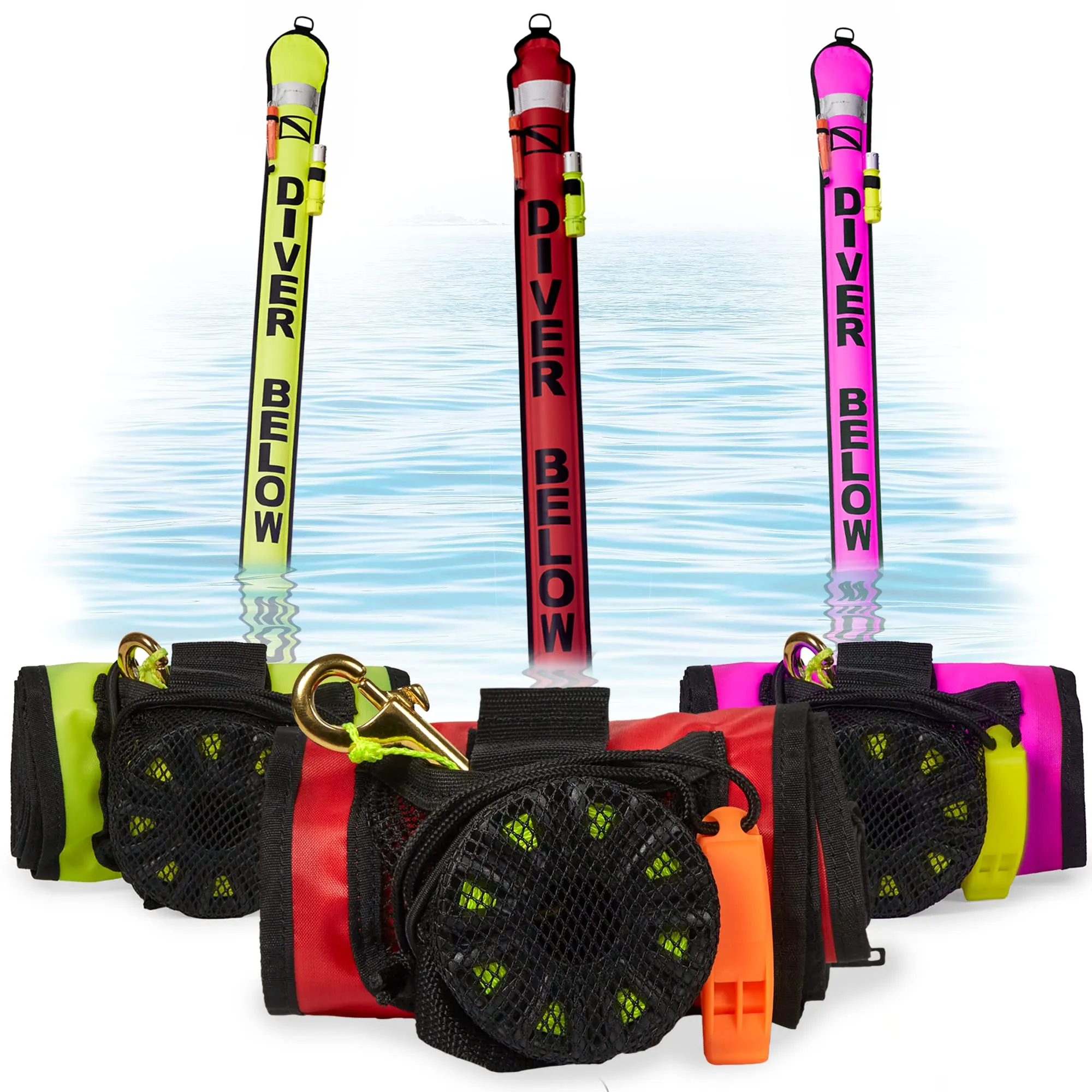 DiveSafe Delayed Surface Marker Buoy - 6ft Open Bottom with Over Pressure Valve, High Visibility Reflective Band, Strobe Light or Flashlight Holder, 100ft ABS Finger Reel and Whistle