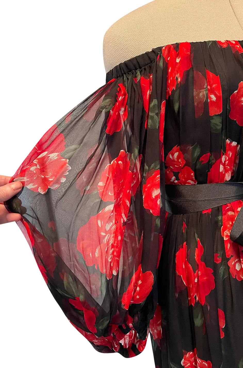 Documented Fall 1994 Yves Saint Laurent Silk Chiffon Off Shoulder Dress w Bold Red Rose Print