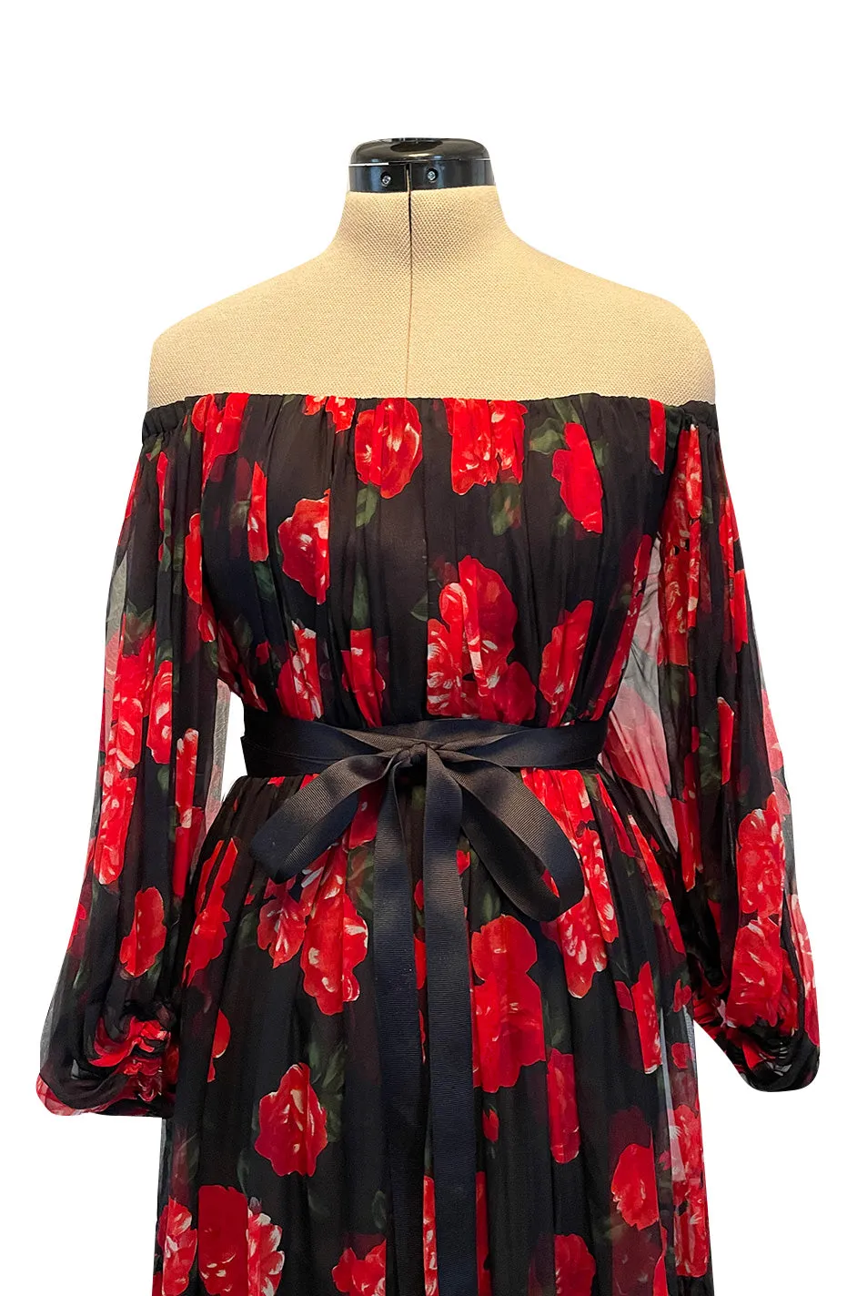 Documented Fall 1994 Yves Saint Laurent Silk Chiffon Off Shoulder Dress w Bold Red Rose Print