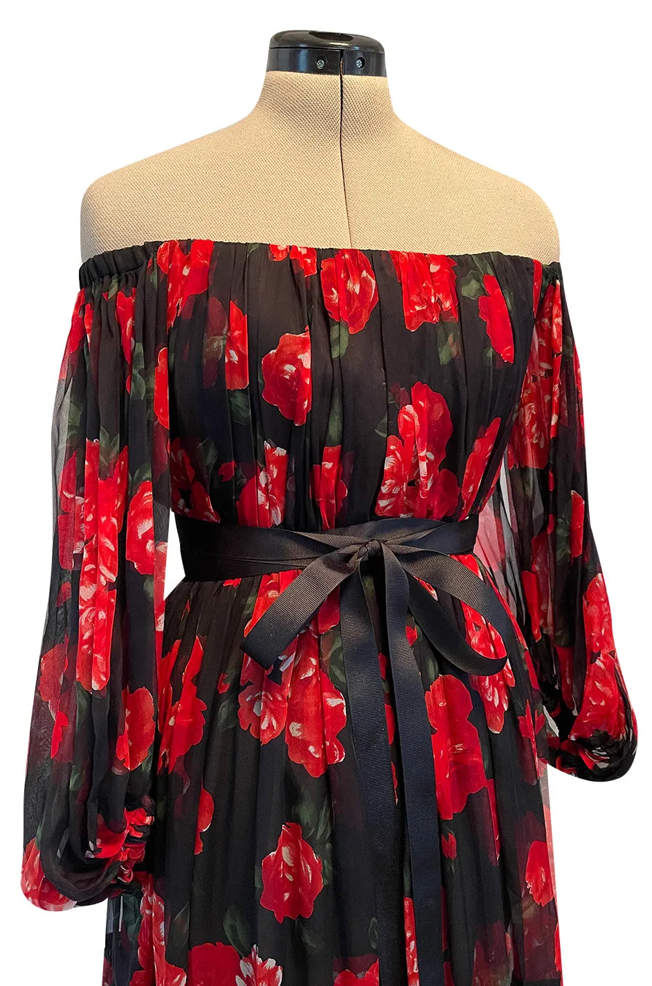 Documented Fall 1994 Yves Saint Laurent Silk Chiffon Off Shoulder Dress w Bold Red Rose Print