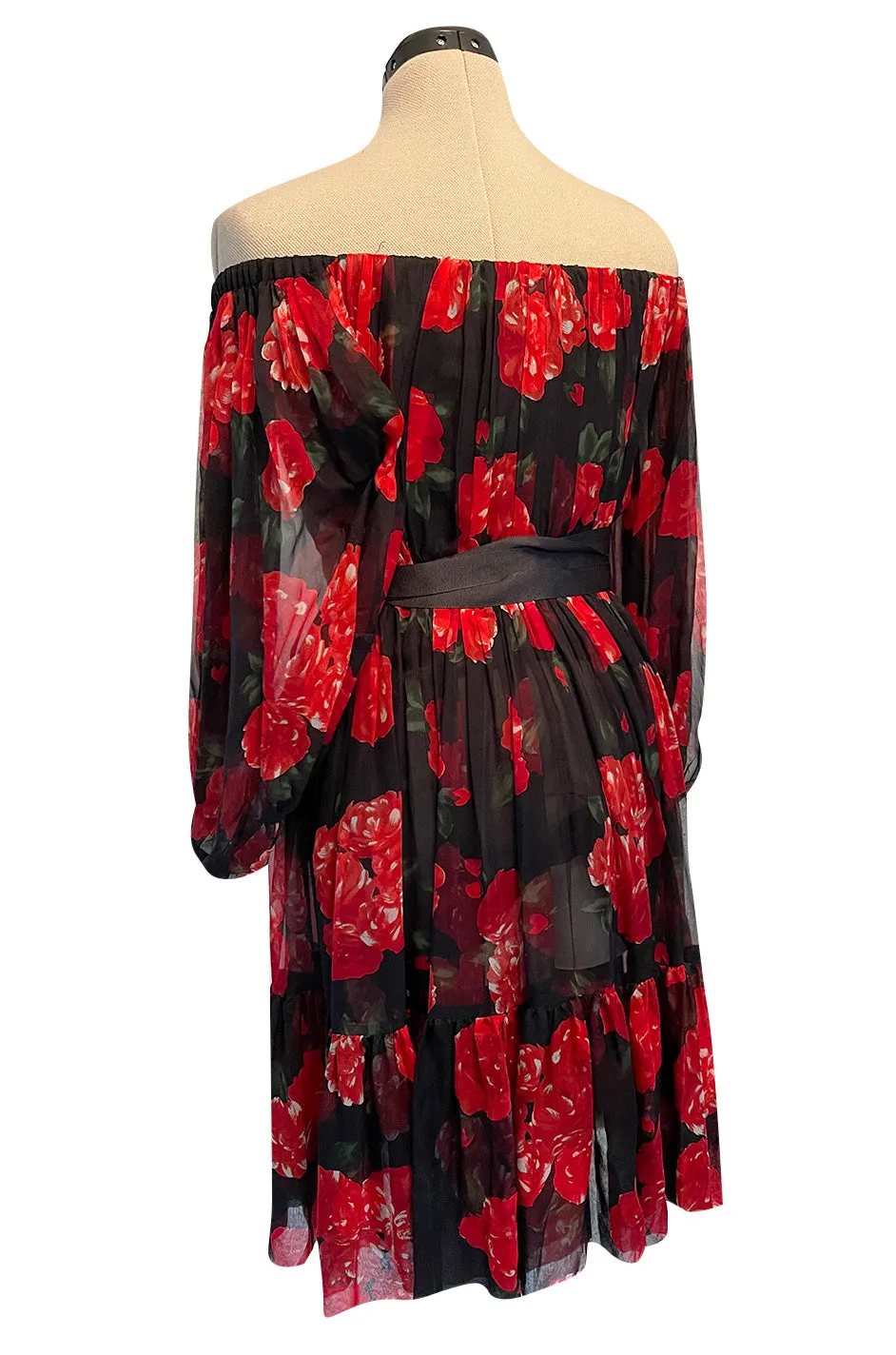Documented Fall 1994 Yves Saint Laurent Silk Chiffon Off Shoulder Dress w Bold Red Rose Print
