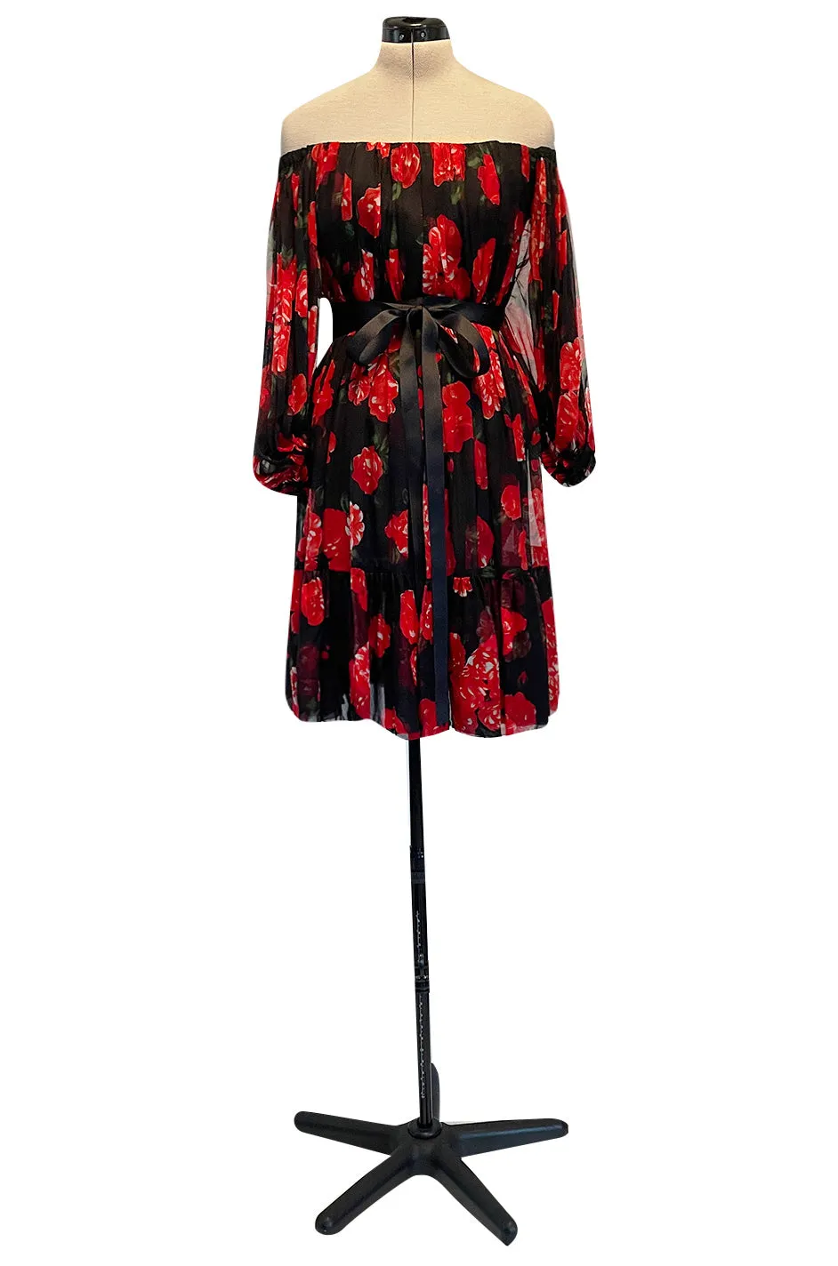Documented Fall 1994 Yves Saint Laurent Silk Chiffon Off Shoulder Dress w Bold Red Rose Print