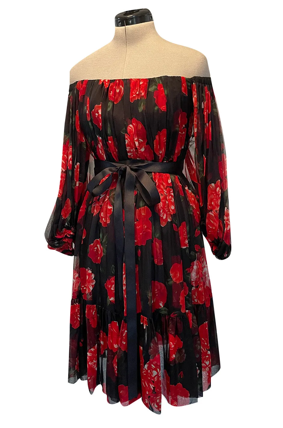 Documented Fall 1994 Yves Saint Laurent Silk Chiffon Off Shoulder Dress w Bold Red Rose Print