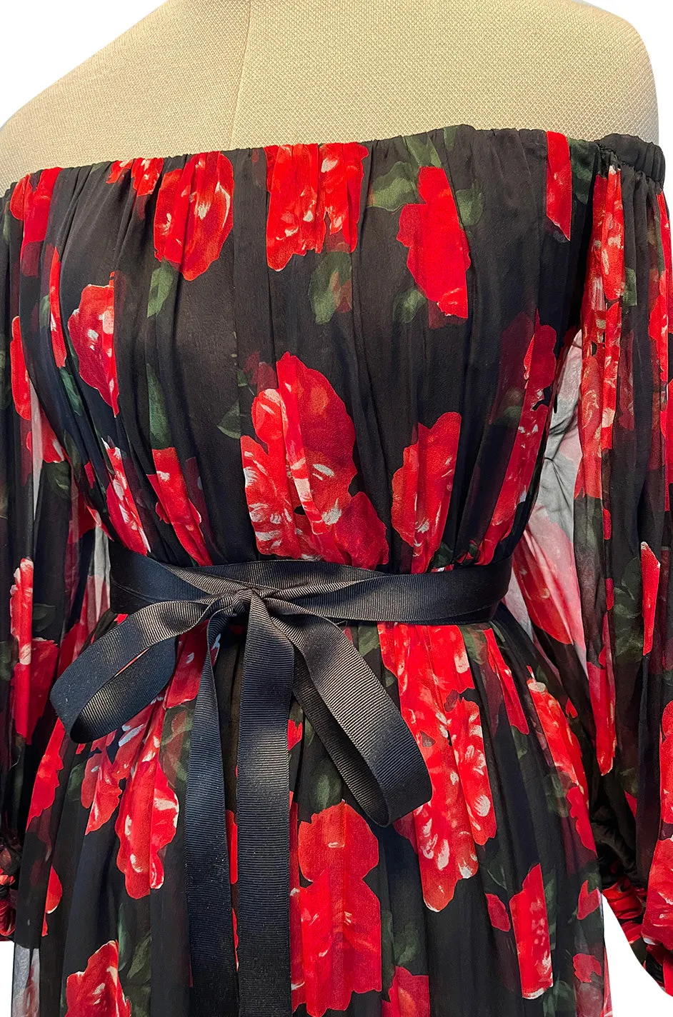 Documented Fall 1994 Yves Saint Laurent Silk Chiffon Off Shoulder Dress w Bold Red Rose Print