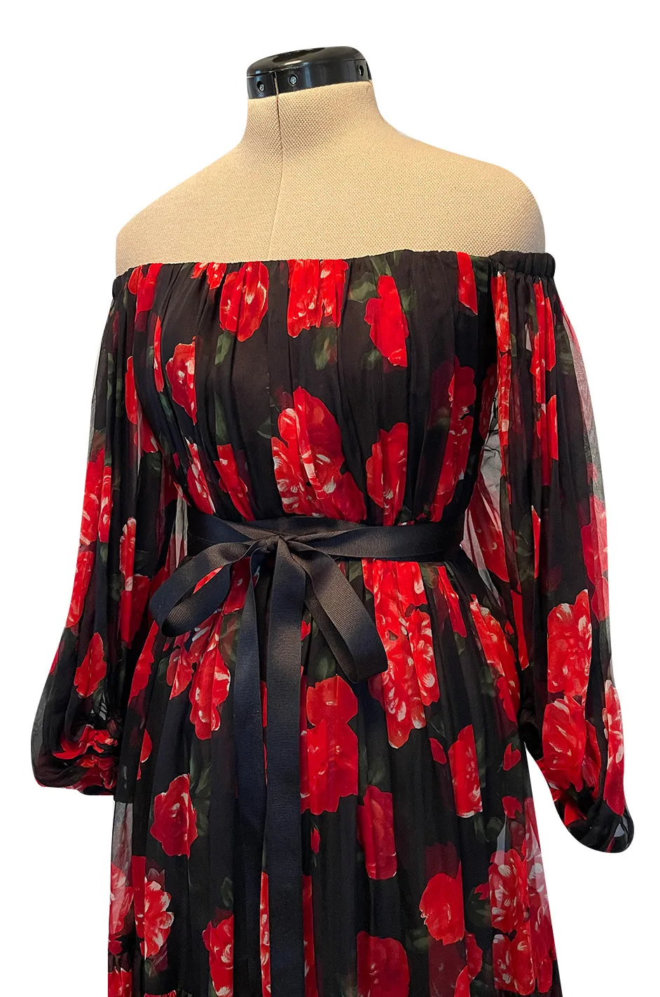 Documented Fall 1994 Yves Saint Laurent Silk Chiffon Off Shoulder Dress w Bold Red Rose Print