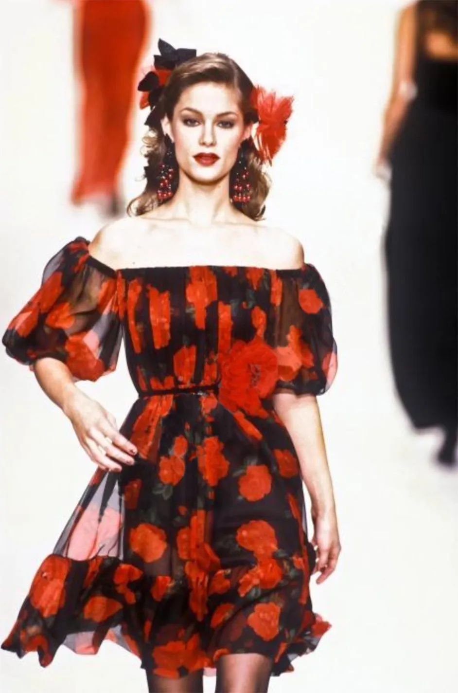 Documented Fall 1994 Yves Saint Laurent Silk Chiffon Off Shoulder Dress w Bold Red Rose Print