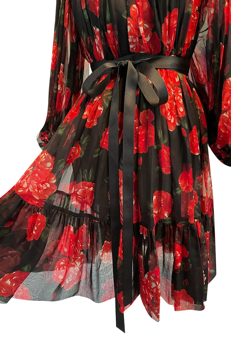 Documented Fall 1994 Yves Saint Laurent Silk Chiffon Off Shoulder Dress w Bold Red Rose Print