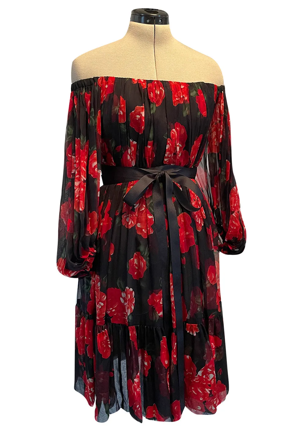 Documented Fall 1994 Yves Saint Laurent Silk Chiffon Off Shoulder Dress w Bold Red Rose Print