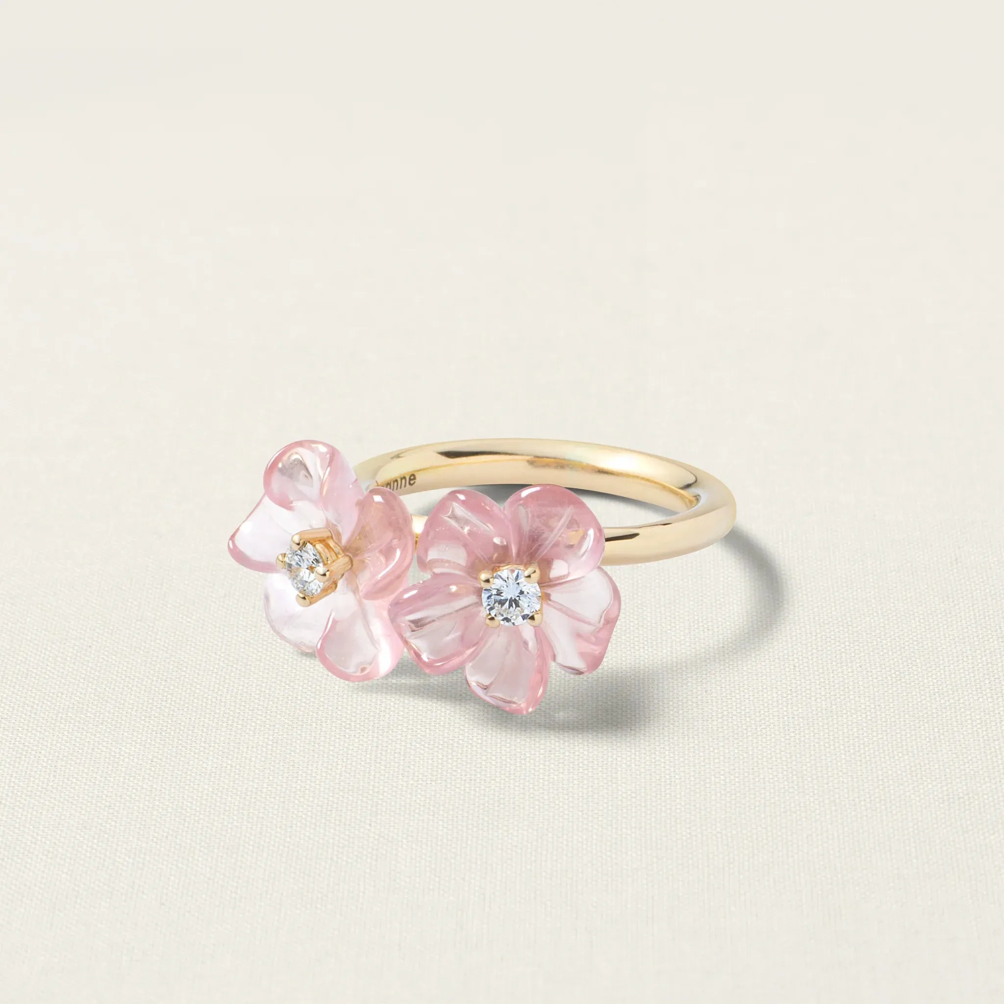 Double Island Flower Ring Rose Quartz Diamond