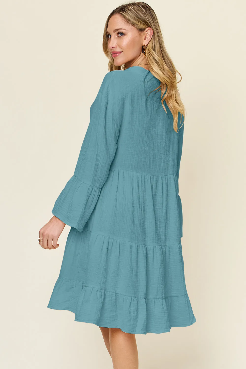 Double Take Full Size Texture Button Up Ruffle Hem Dress