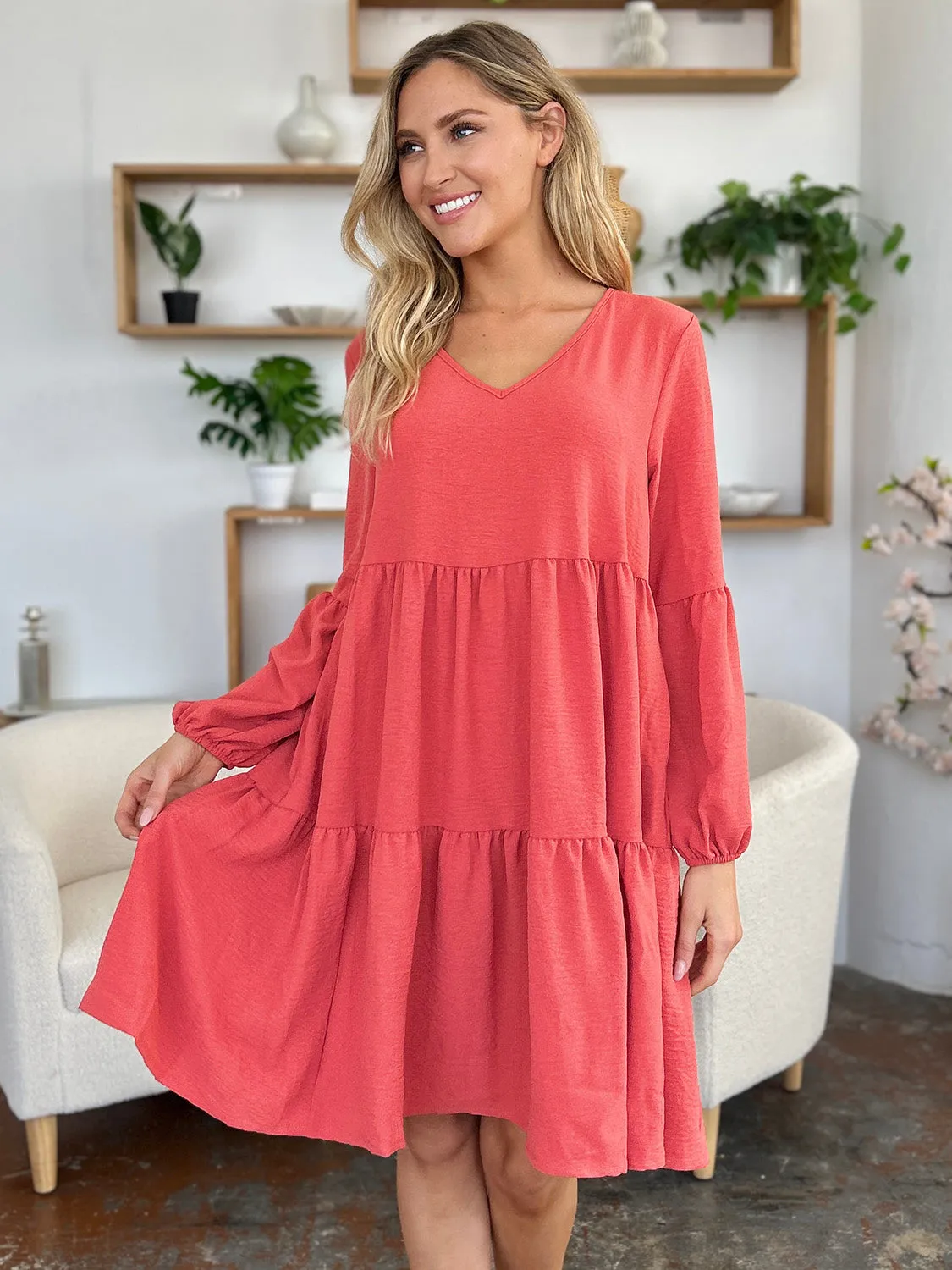 Double Take Full Size V-Neck Balloon Sleeve Tiered Dress with Pockets