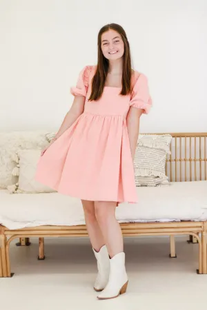 Dreamy Denim Delight Puff Sleeve Babydoll Dress in Coral