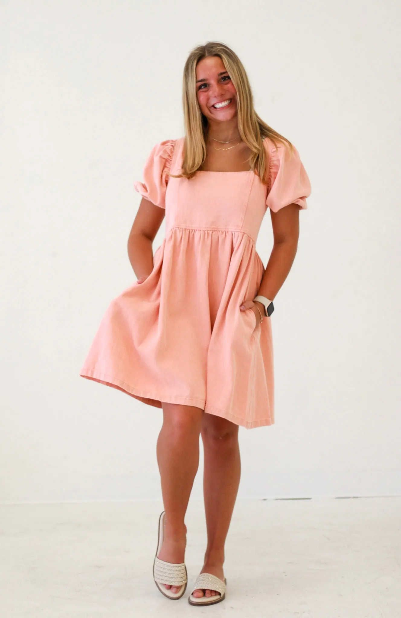 Dreamy Denim Delight Puff Sleeve Babydoll Dress in Coral