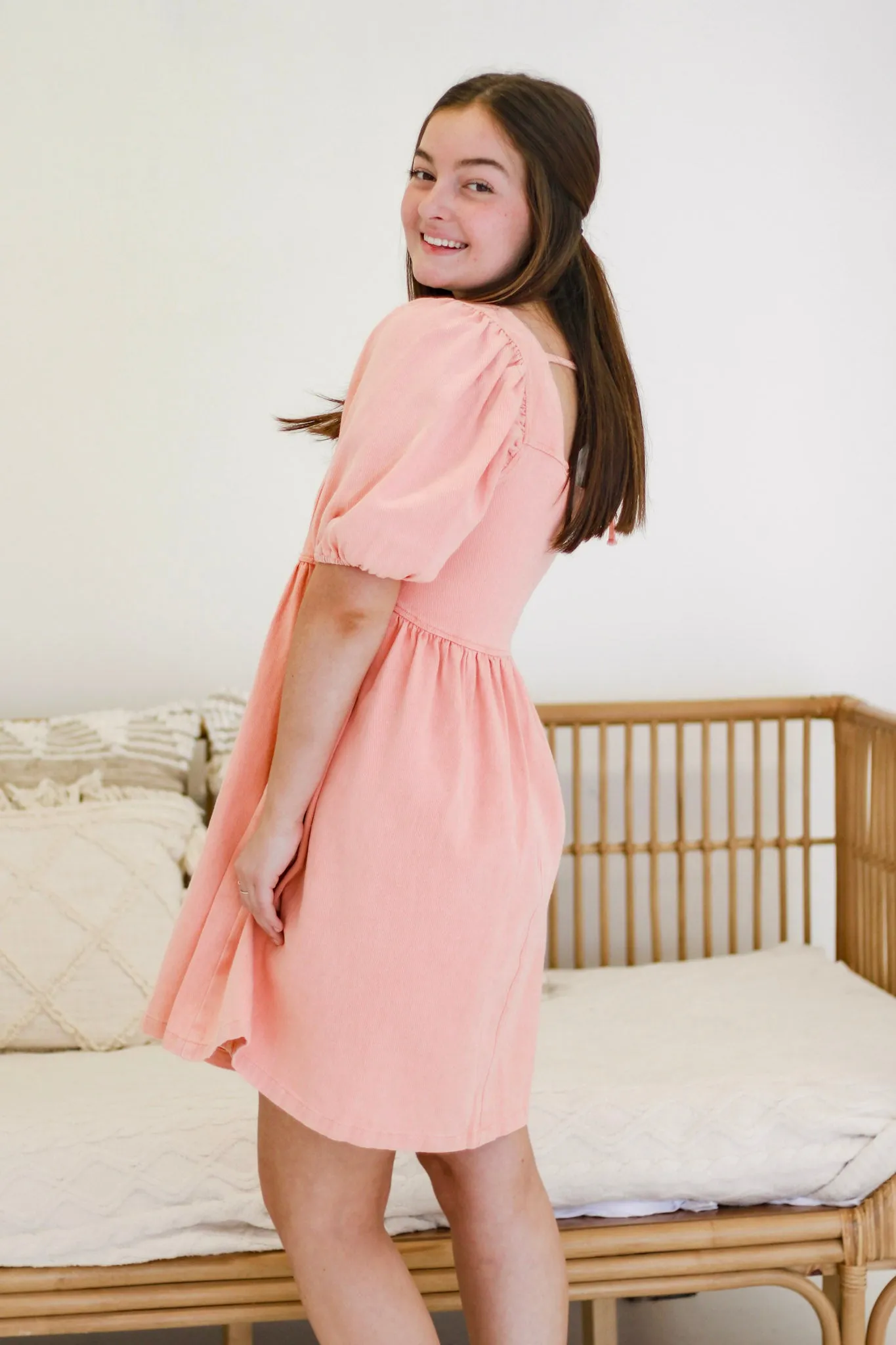Dreamy Denim Delight Puff Sleeve Babydoll Dress in Coral