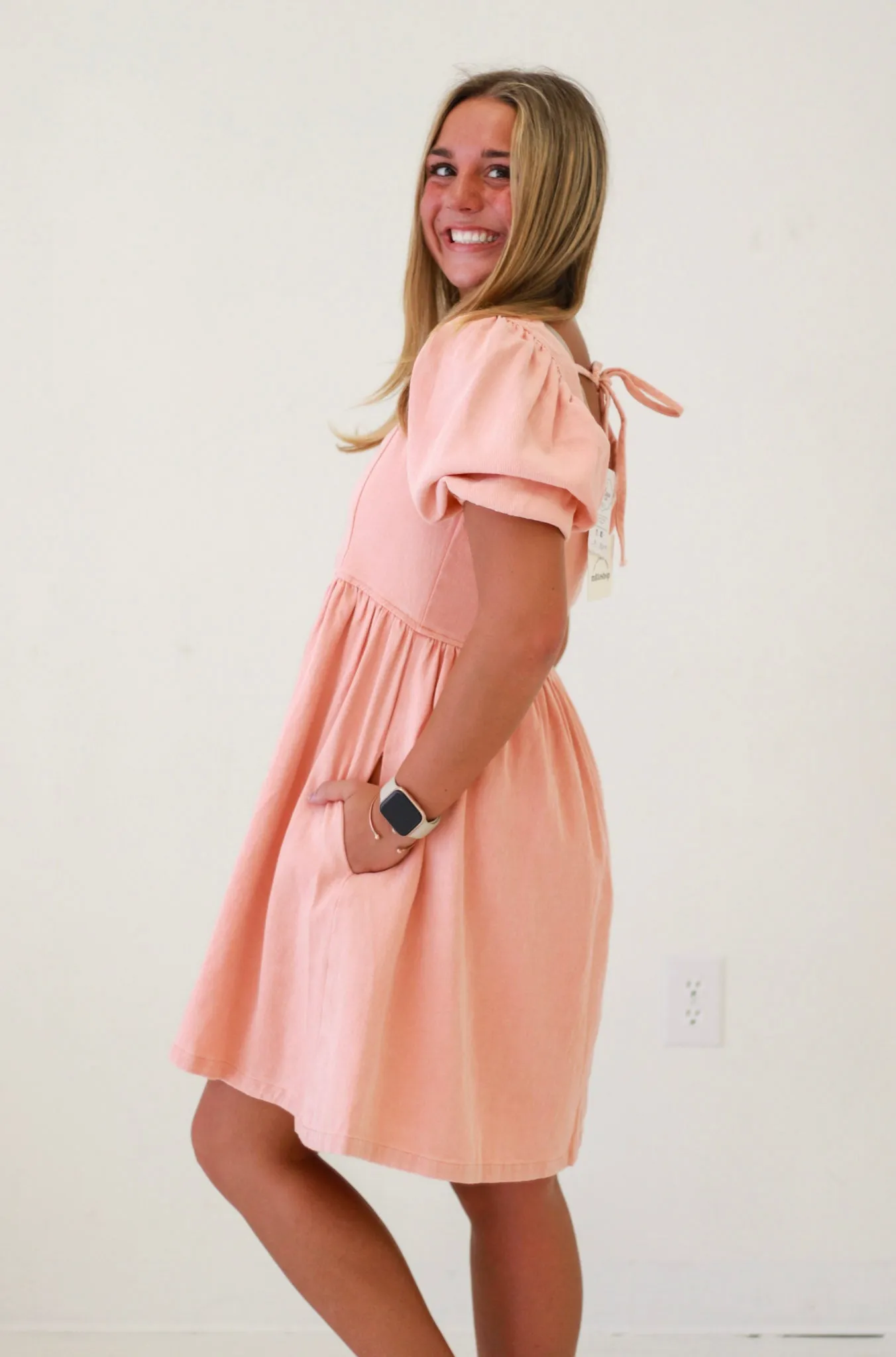 Dreamy Denim Delight Puff Sleeve Babydoll Dress in Coral