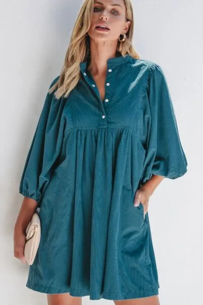 Dress Up Time Corduroy Quarter Snap Three-Quarter Sleeve Dress