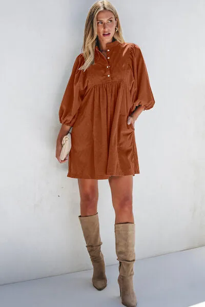 Dress Up Time Corduroy Quarter Snap Three-Quarter Sleeve Dress