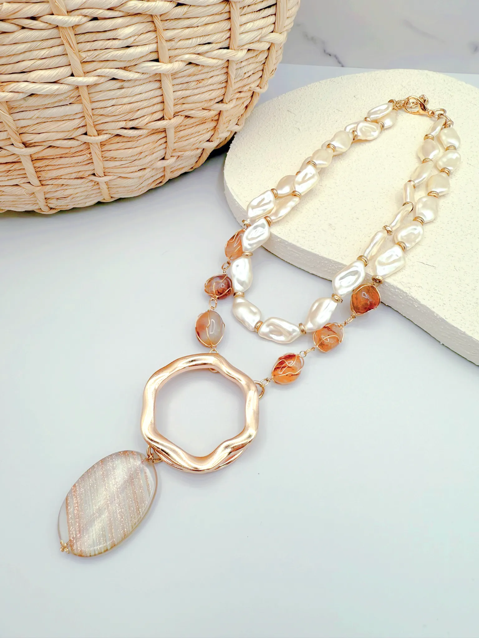 Dual Nature Necklace – 18K Gold-Plated Medallion with Agates, Pearls, and Quartz