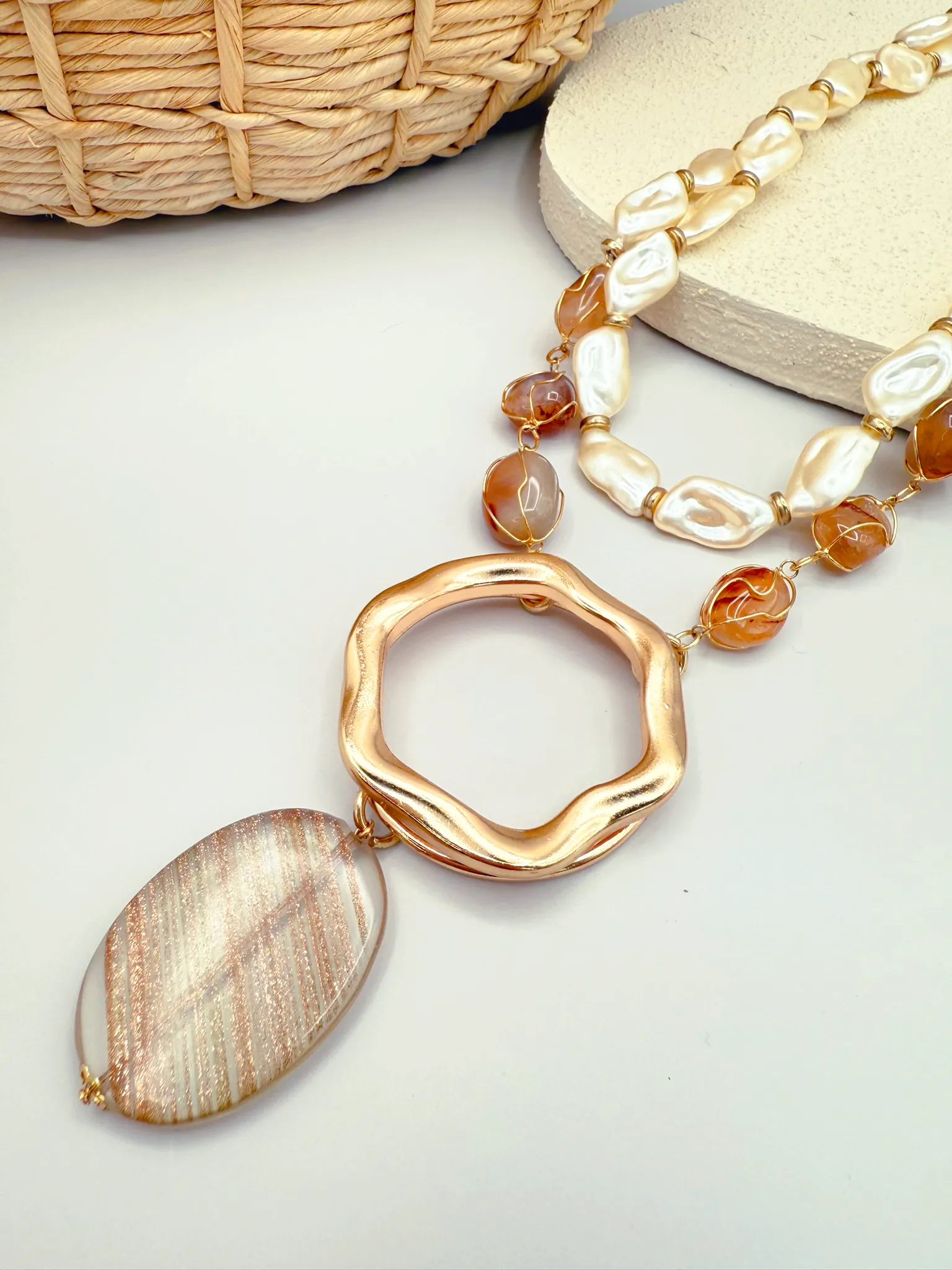 Dual Nature Necklace – 18K Gold-Plated Medallion with Agates, Pearls, and Quartz