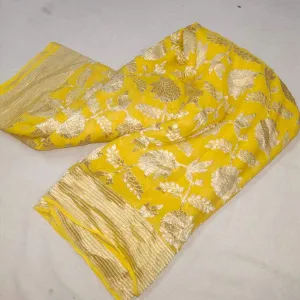 Durgapooja Bright Yellow Banarasi Saree With Flower Jaal