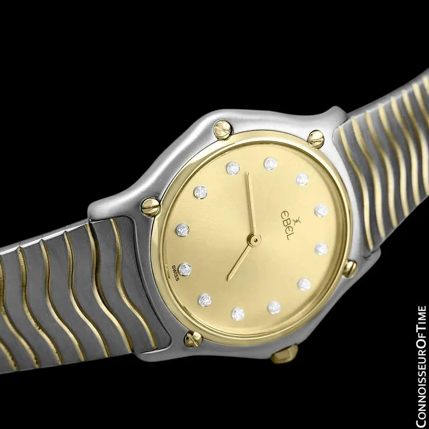 Ebel Classic Wave Unisex Mens Midsize Bracelet Watch - Stainless Steel, 18K Gold and Factory Ebel Diamonds
