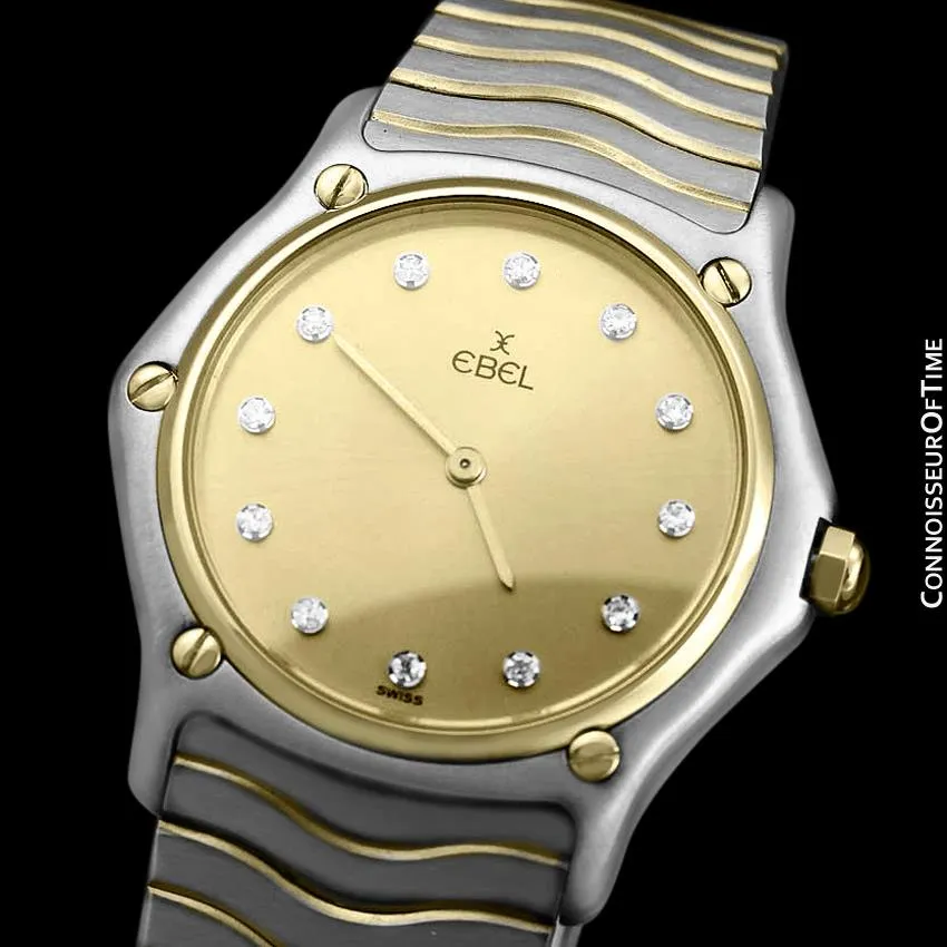 Ebel Classic Wave Unisex Mens Midsize Bracelet Watch - Stainless Steel, 18K Gold and Factory Ebel Diamonds