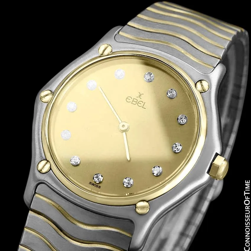 Ebel Classic Wave Unisex Mens Midsize Bracelet Watch - Stainless Steel, 18K Gold and Factory Ebel Diamonds